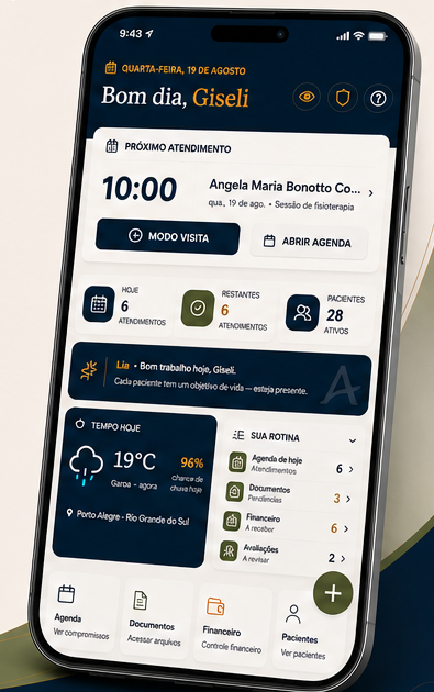 Aplicativo AgilFisio em um smartphone, mostrando a agenda do dia do fisioterapeuta